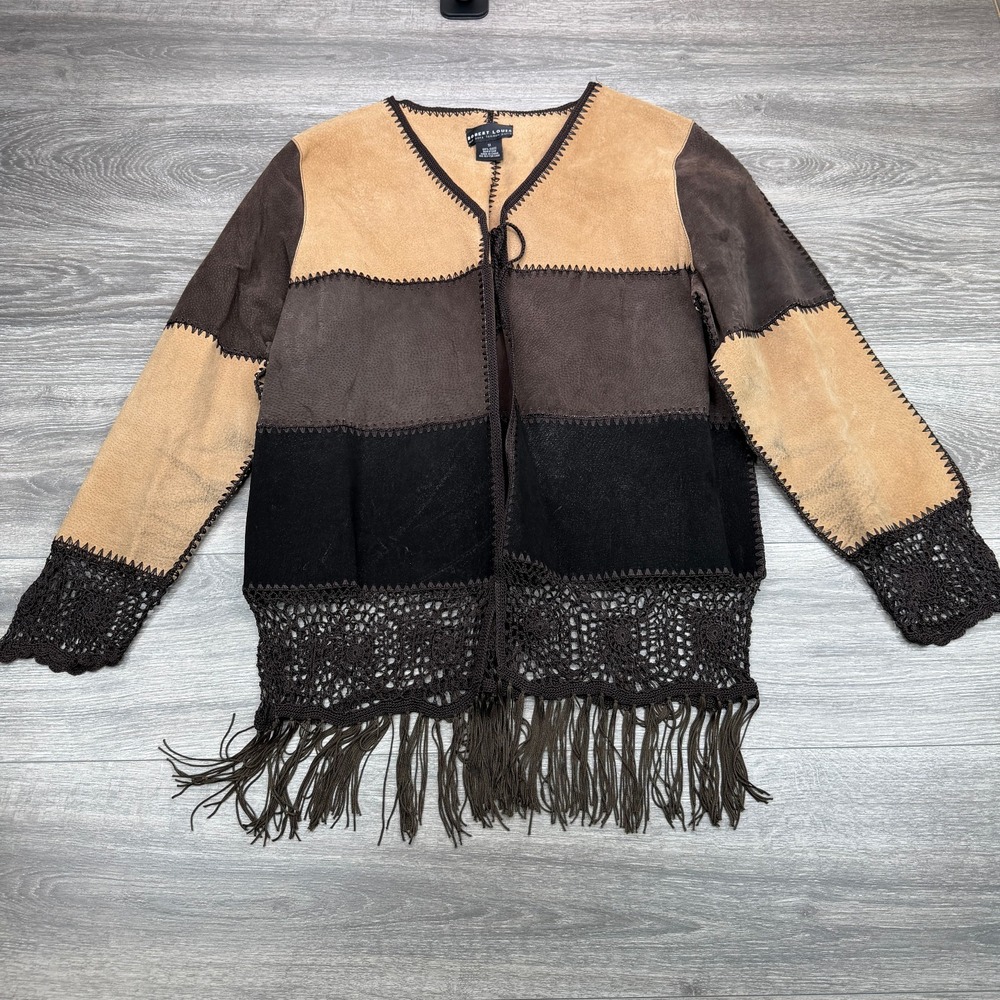 VTG Robert Louis Jacket Women 1X Brown Beige Patchwork Suede Leather Crochet 90s